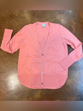 Pure Collection Coral Pink V-Neck Button Front Cardigan Sz L